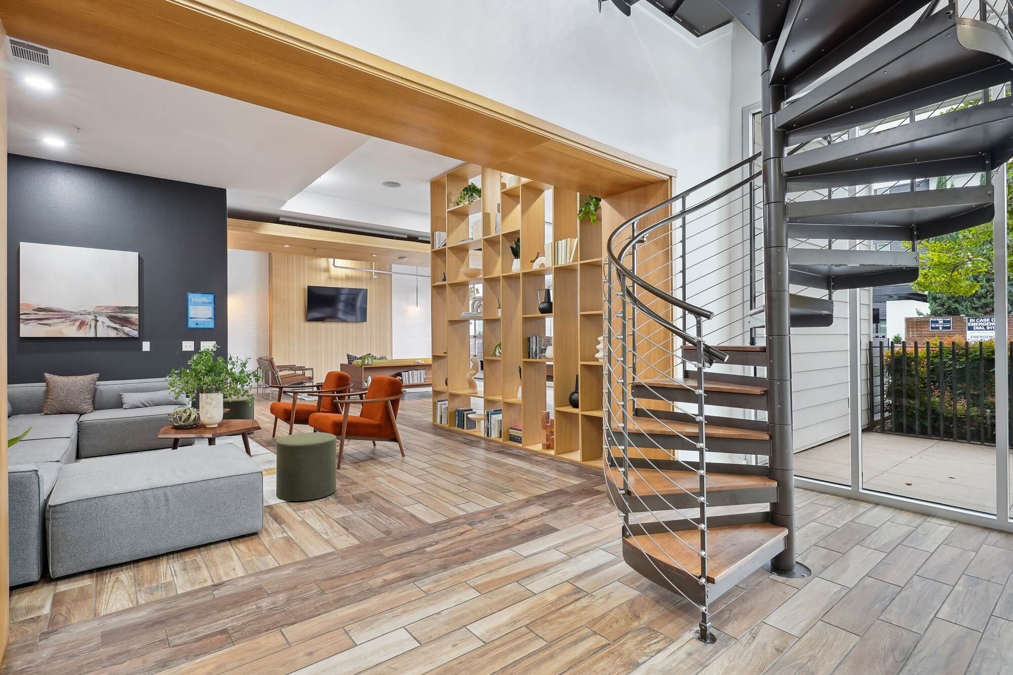 Clubhouse lounge with spiral staircase