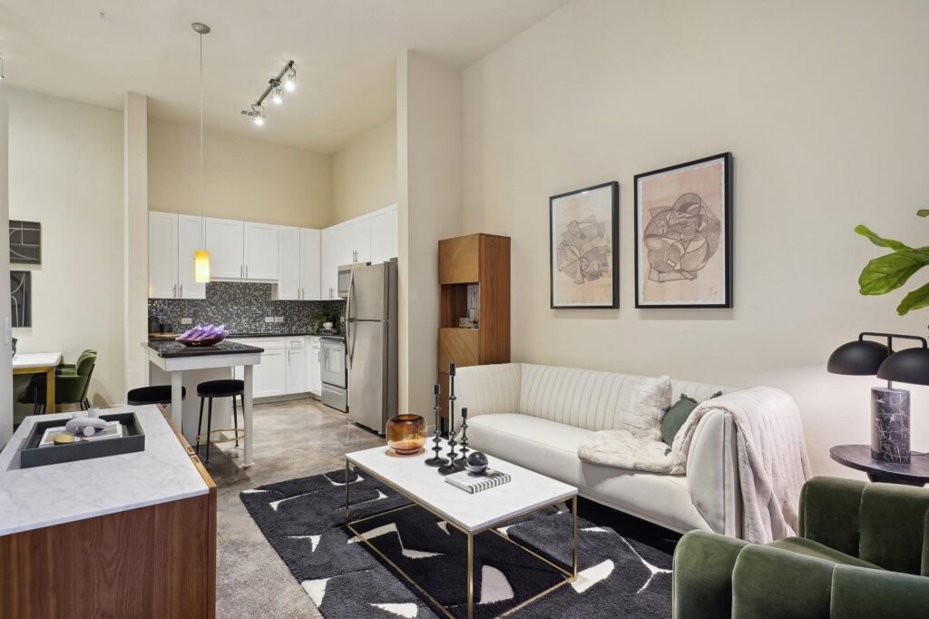 Living room looking into the kitchen