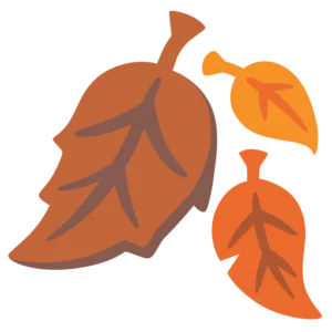 Three stylized autumn leaves in brown and orange shades, each with a simple vein pattern, arranged diagonally on a light background.